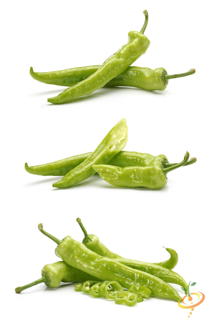 Big Jim Pepper green long hot peppers in various arrangements on white background