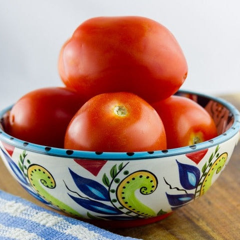Bright red medium-sized Rutgers tomatoes in a decorative bowl