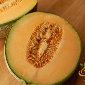Honey Rock cantaloupe melon seeds from SeedsNow, showing vibrant orange flesh and green rind on a ripe melon.